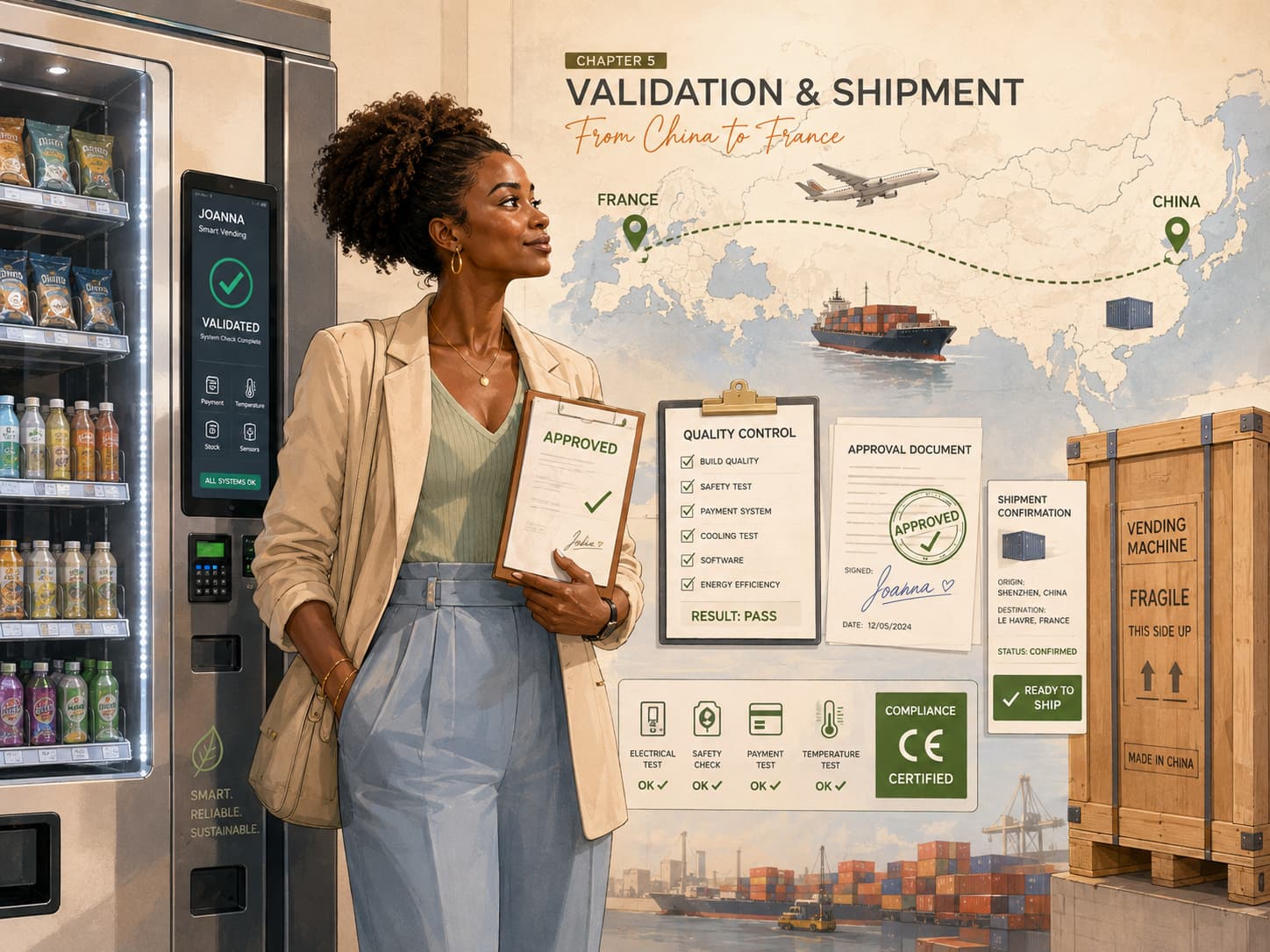 Joanna finalise les vérifications et la configuration de sa première machine avant son expédition vers la France.