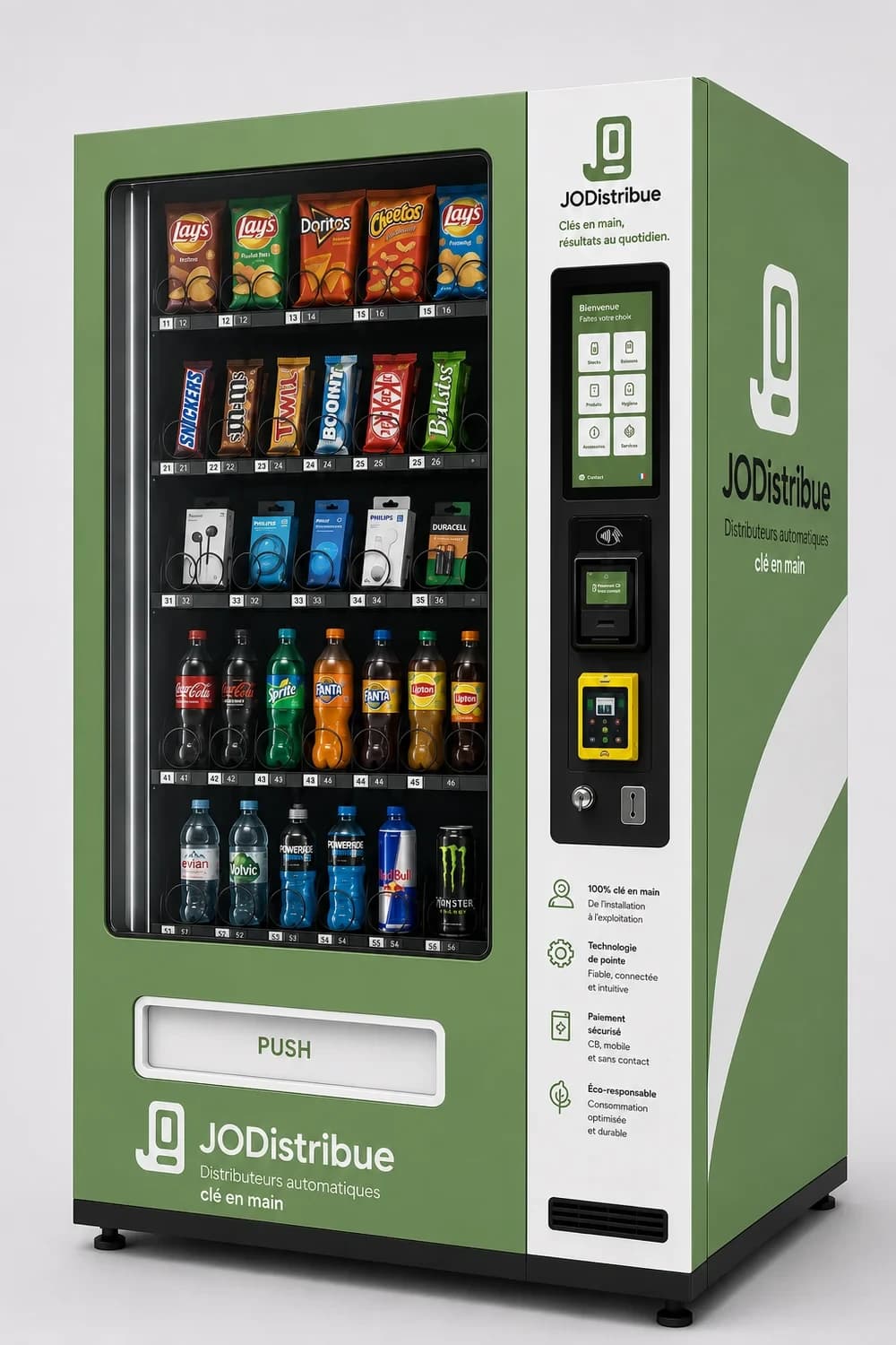 Distributeur mixte JODistribue présenté avec un covering vert
